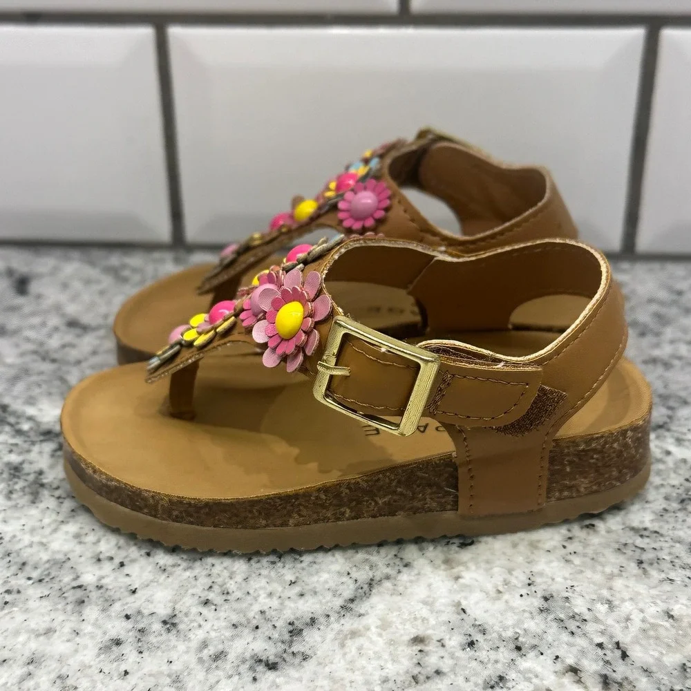 Rampage Toddler 5 Lil Zoey Sandals Tan Floral 3D Flower Cork Midsole Boho Summer